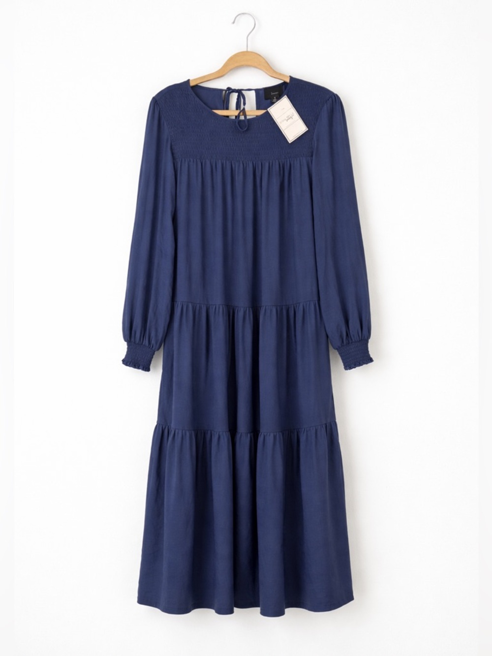 Lumiere Blue Tiered Midi Dress M Smocked Boho Long Sleeve NWT